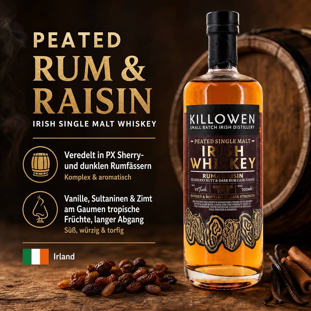 Killowen Single Malt Peated Rum & Raisin 0,70 Liter/ 55.0% vol Produktbild