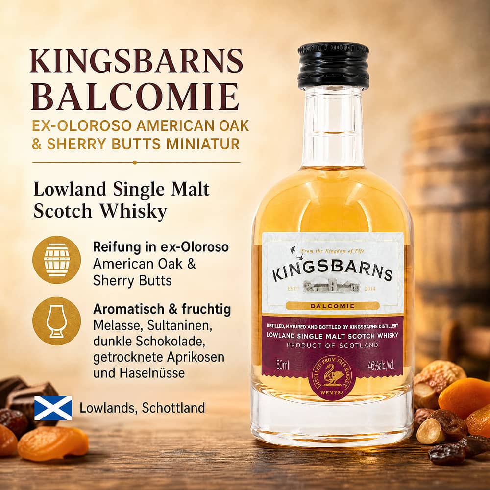 Kingsbarns Balcomie Ex-Oloroso American Oak & Sherry Butts Miniatur 0,050 Liter/ 46.0% vol Produktbild