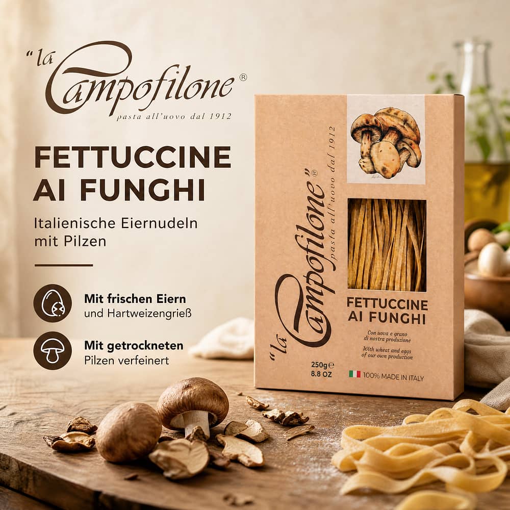 La Campofilone Fettuccine Eiernudeln mit Pilzen 250 Gramm Produktbild