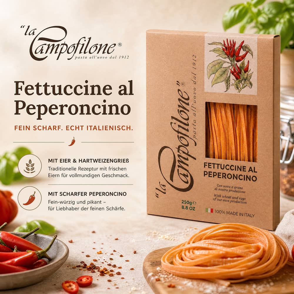 La Campofilone Fettuccine Eiernudeln mit scharfer Paprika 250 Gramm Produktbild