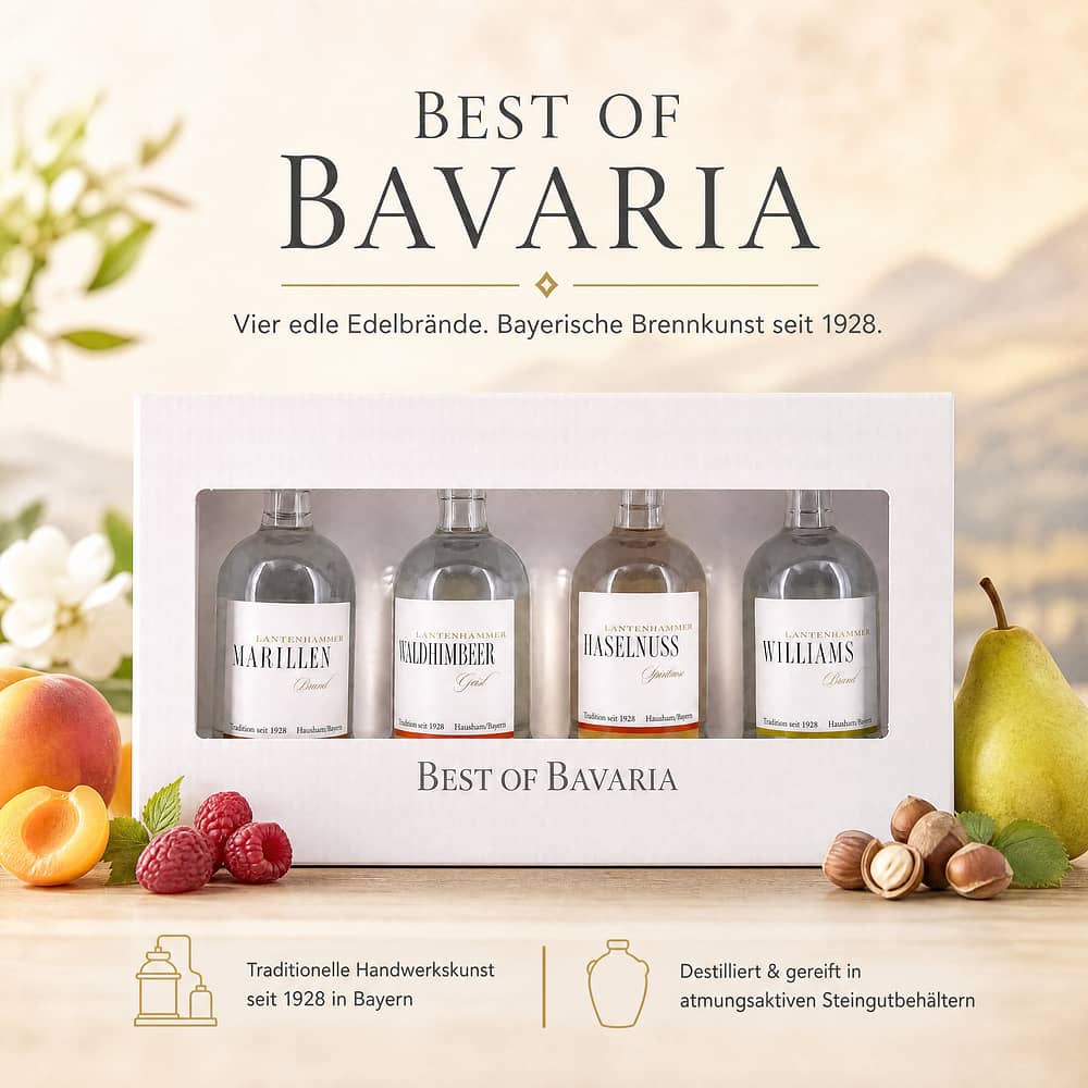 Lantenhammer Best of Bavaria Edelbrände Miniatur-Set je 0,050l Willamsbrine; Haselnuss; Waldhimbeer & Marille 0,20 Liter/ 42.0% vol Produktbild