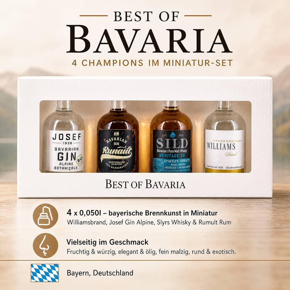 Lantenhammer Best of Bavarian 4 Champions Miniatur-Set je 0,050l Williamsbrand; Josef Gin Alpine; Slyrs Whisky & Rumult Rum 0,20 Liter/ 42.8% vol Produktbild