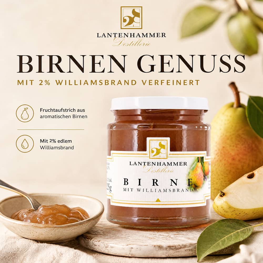 Lantenhammer Birnen Fruchtaufstrich mit Birnenbrand mit 2% Birnenbrand 225 Gramm/ 2.0% vol Produktbild