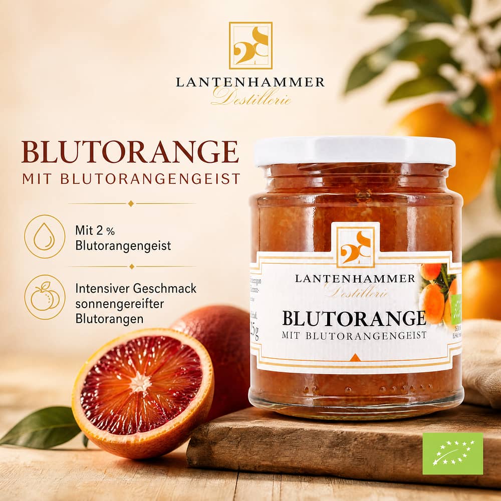 Lantenhammer Blutorangen Fruchtaufstrich mit Blutorangengeist BIO mit 2% Blutorangengeist 225 Gramm/ 2.0% vol Produktbild