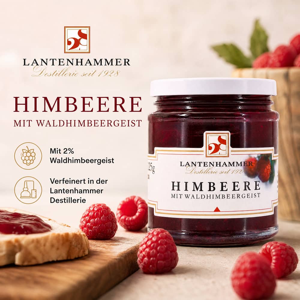 Lantenhammer Fruchtausfstrich Himbeer mit Waldhimbeergeist mit 2% Waldhimbeergeist 225 Gramm/ 2.0% vol Produktbild