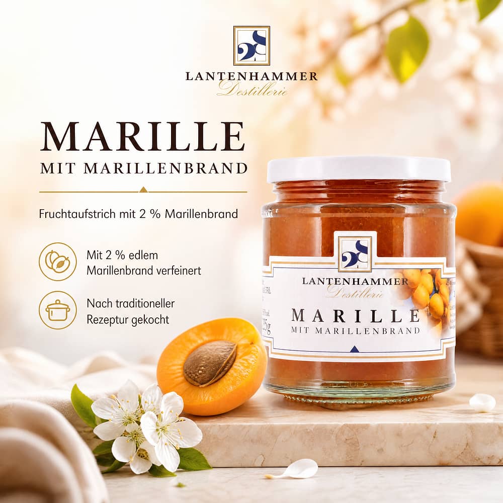 Lantenhammer Marillen Fruchtaufstrich mit Marillenbrand mit 2% Marillenbrand 225 Gramm/ 2.0% vol Produktbild