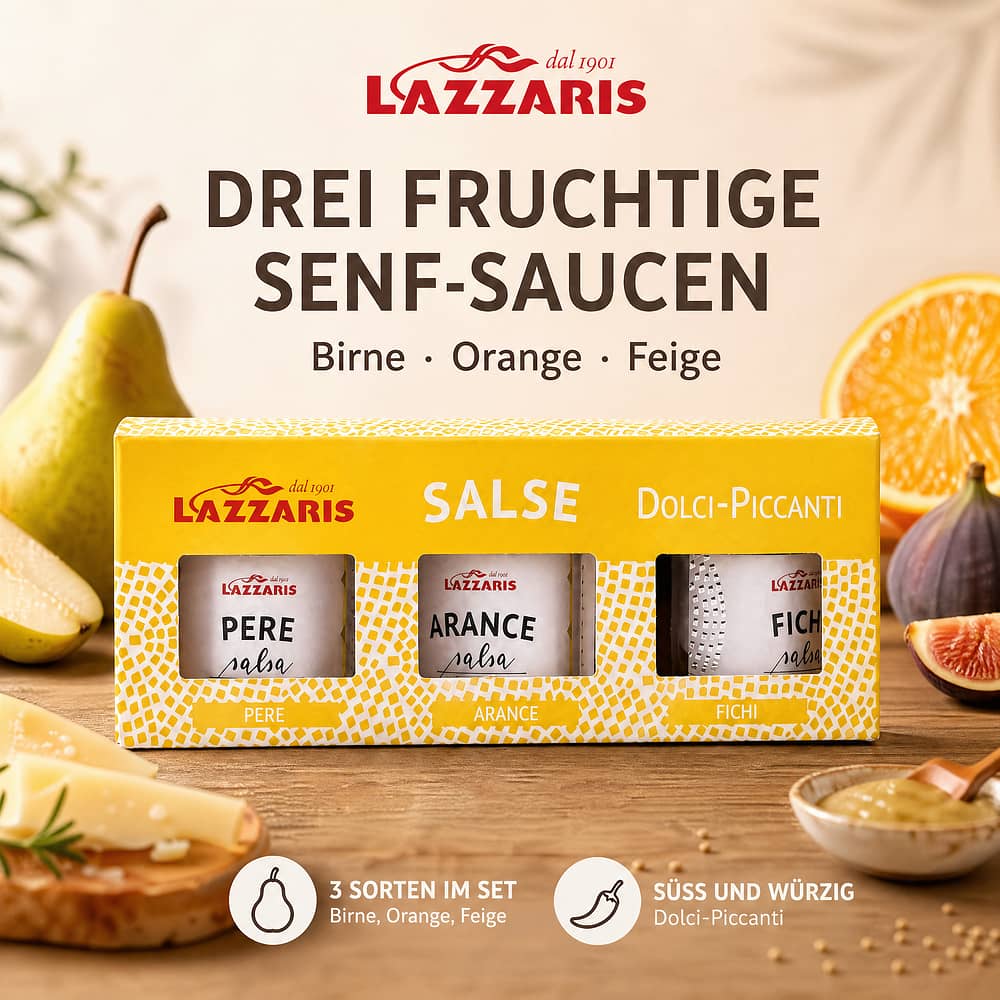 Lazzaris Salse Dolci & Piccanti Trio Senf-Sauce (Birne, Feige, Orange) 3 x 50 g 150 Gramm Produktbild