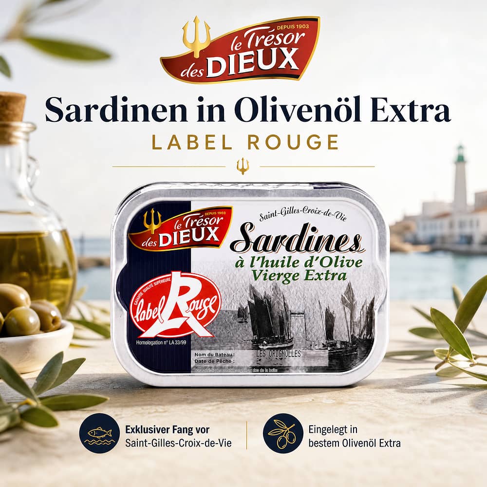 Le Trésor des Dieux Sardinen in Olivenöl Extra Label Rouge 115g 86,30 Gramm Abtropfgewicht Produktbild