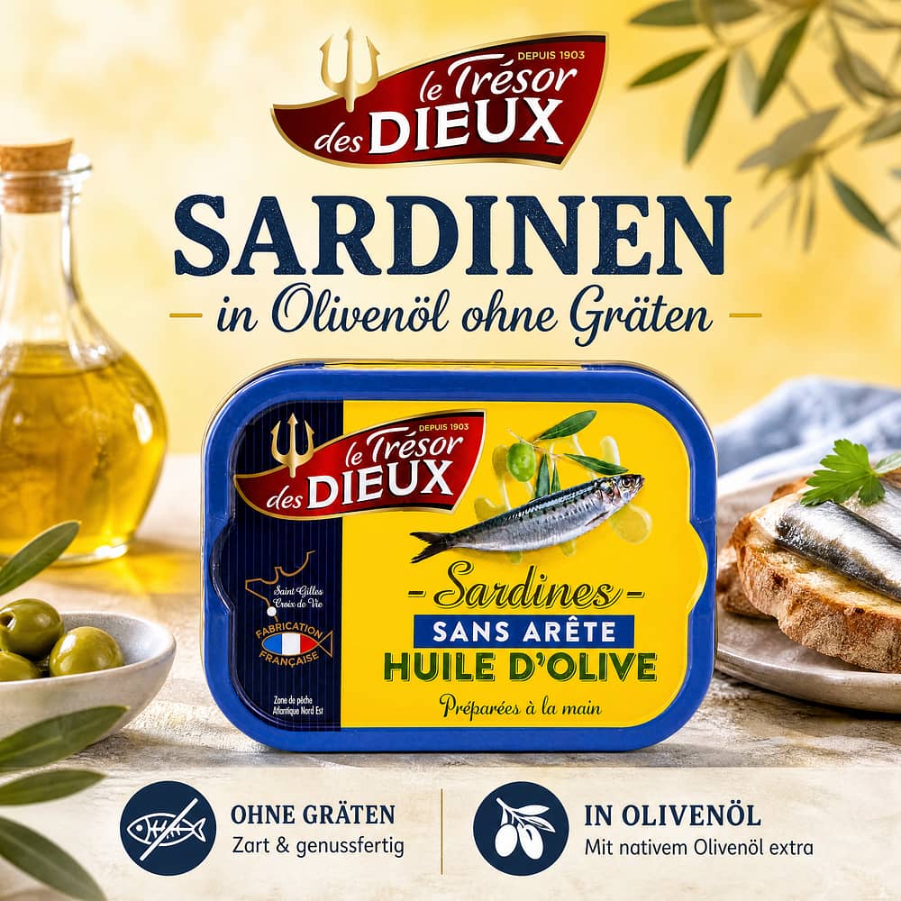 Le Trésor des Dieux Sardinen in Olivenöl ohne Gräten 115g 80,50 Gramm Abtropfgewicht Produktbild