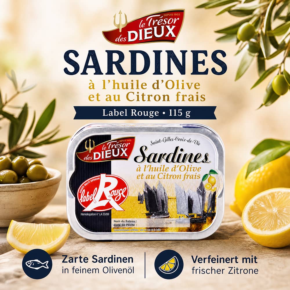 Le Trésor des Dieux Sardinen mit Zitrone in Olivenöl Label Rouge 115g 86,30 Gramm Abtropfgewicht Produktbild