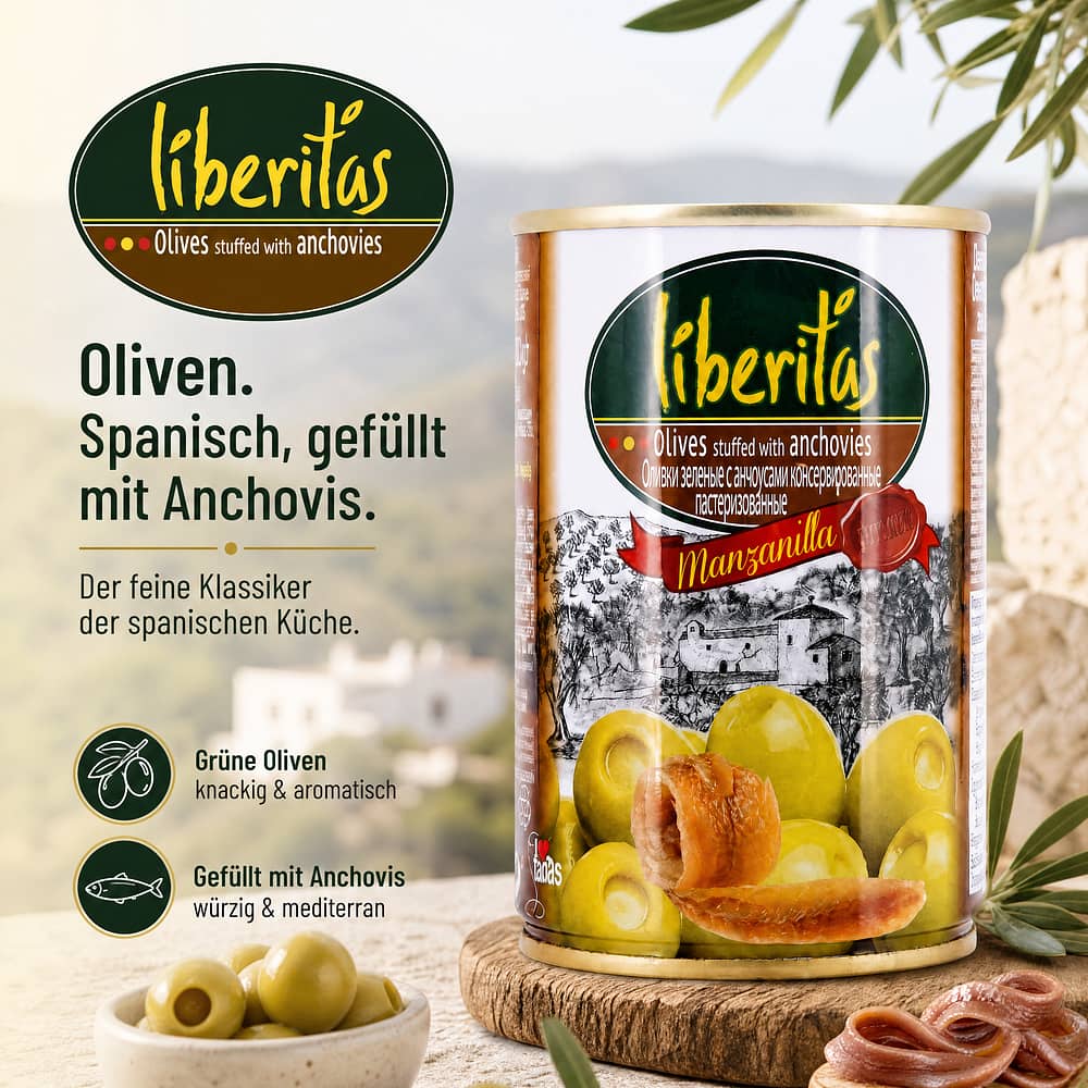 Liberitas Grüne Oliven gefüllt mit Anchovis 280g 100 Gramm Abtropfgewicht Produktbild