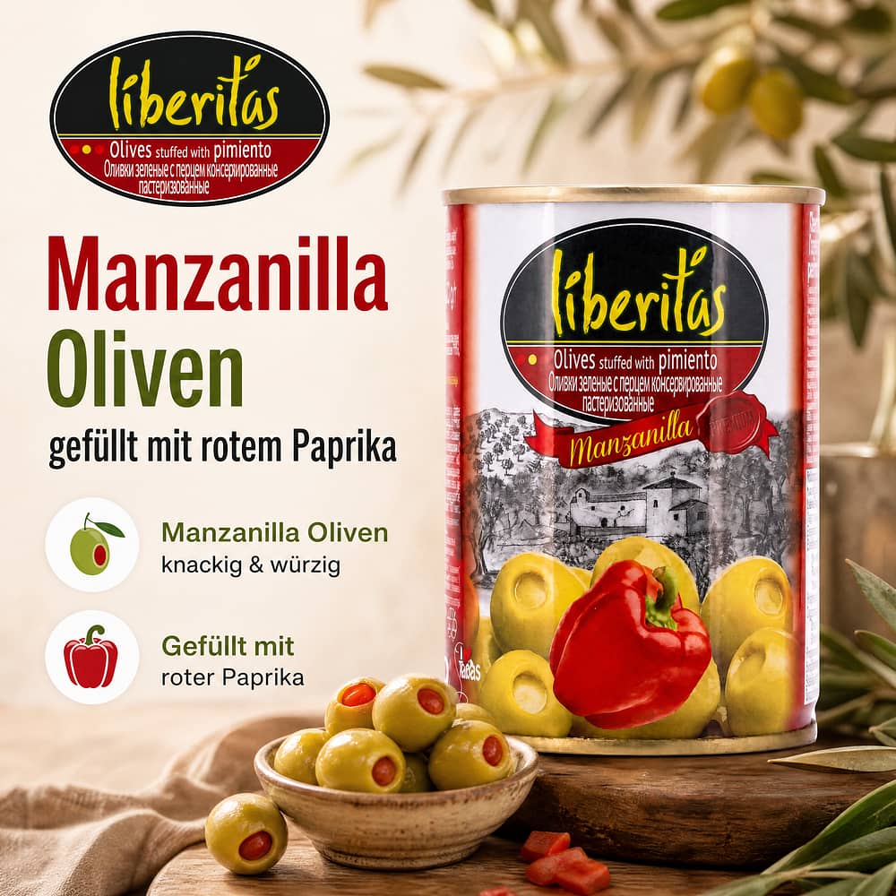 Liberitas Grüne Oliven gefüllt mit rotem Paprika 280g 100 Gramm Abtropfgewicht Produktbild