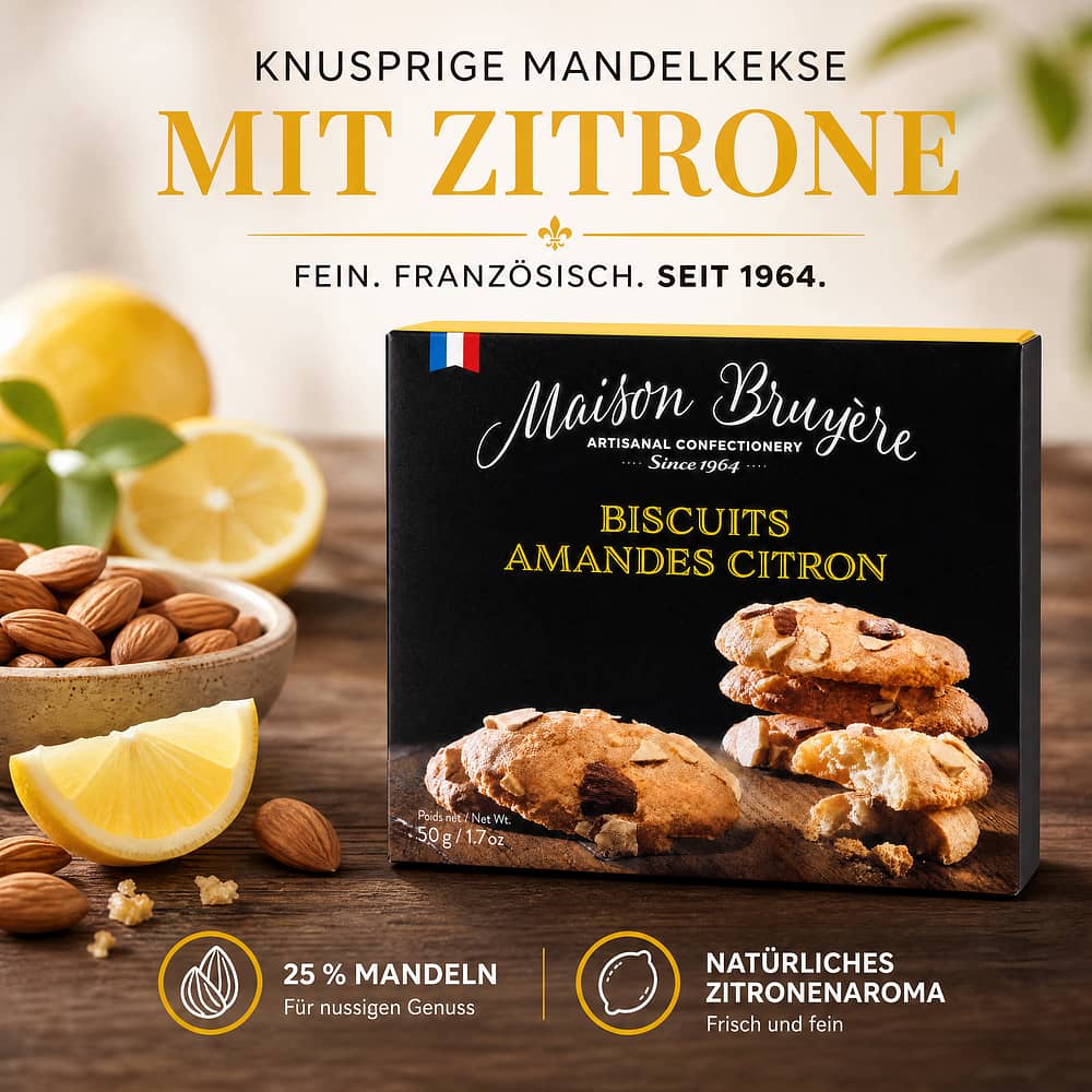 Maison Bruyère Biscuits Amandes Citron Knusprige Mandelkekse mit Zitrone 50 Gramm Produktbild