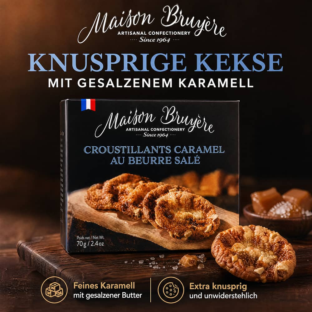 Maison Bruyère Croustillants Caramel Au Beurre Sale Knusprige Kekse mit gesalzenes Karamell 70 Gramm Produktbild