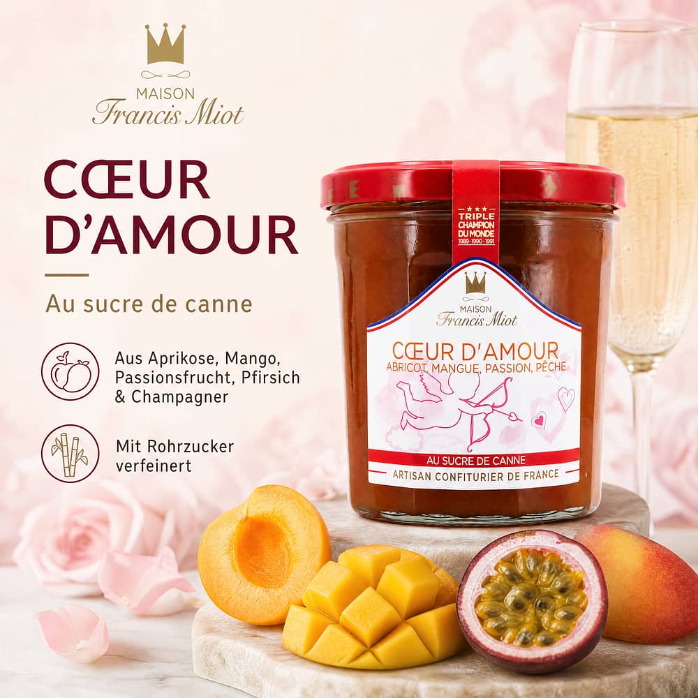 Maison Francis Miot Coeur d`Amour Konfitüre aus Aprikose, Mango, Passionsfrucht, Pfirsich & Champagner, mit Rohrzucker 340 Gramm Produktbild