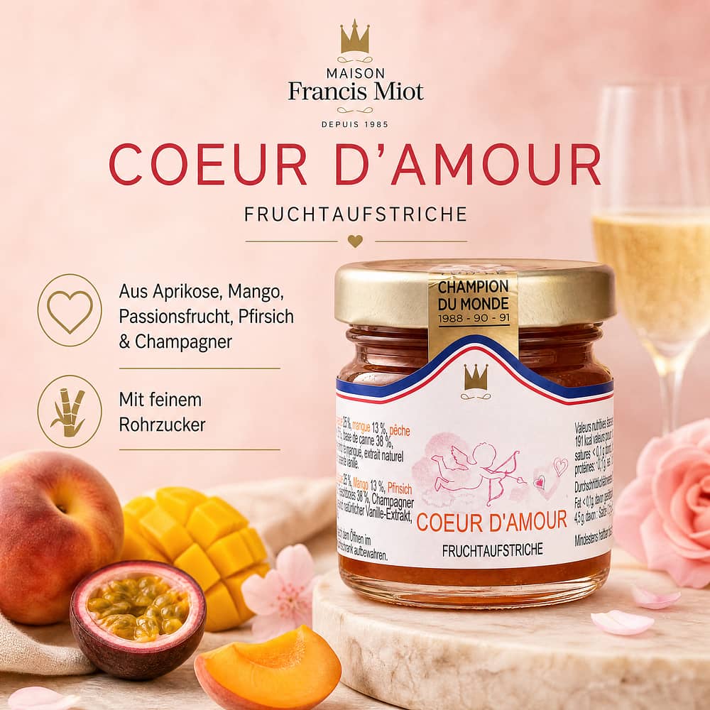Maison Francis Miot Coeur d`Amour Konfitüre aus Aprikose, Mango, Passionsfrucht, Pfirsich & Champagner, mit Rohrzucker 45 Gramm Produktbild