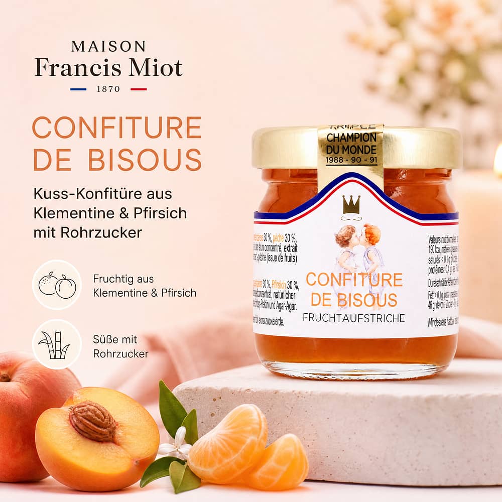 Maison Francis Miot Confiture De Bisous Kuss-Konfitüre aus Klementine & Pfirsich mit Rohrzucker 45 Gramm Produktbild