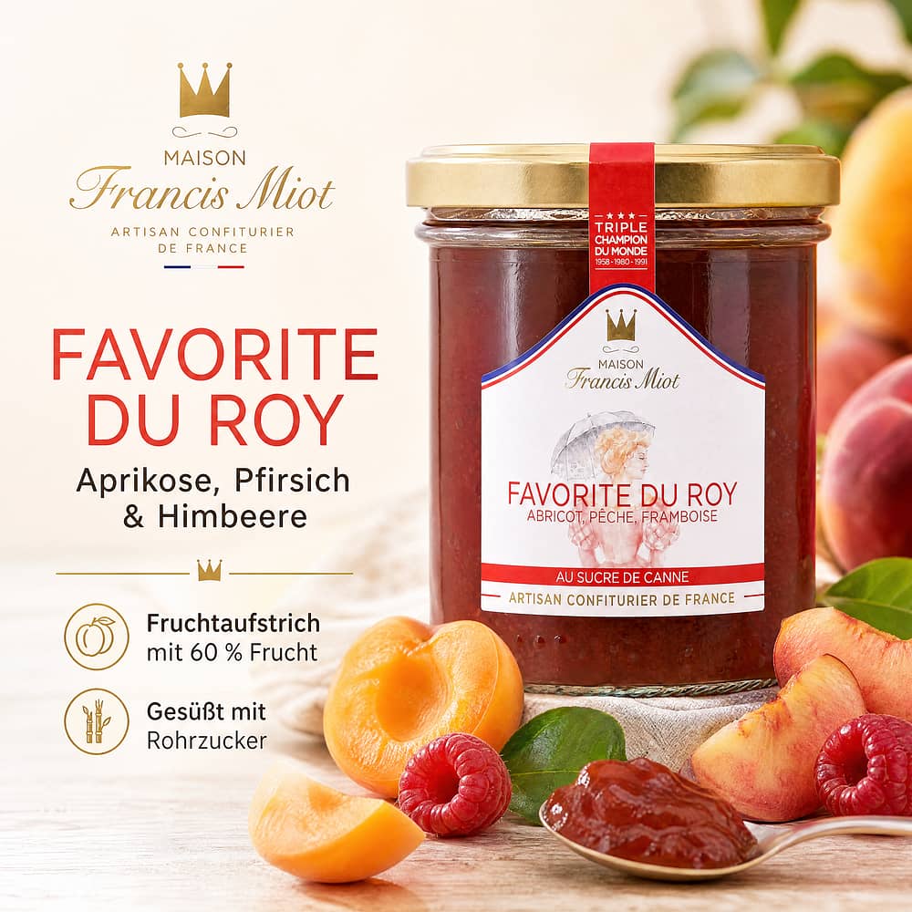 Maison Francis Miot Favorite Du Roy /Aprikose, Pfirsich & Himbeere Fruchtaufstrich mit Rohrzucker 220 Gramm Produktbild