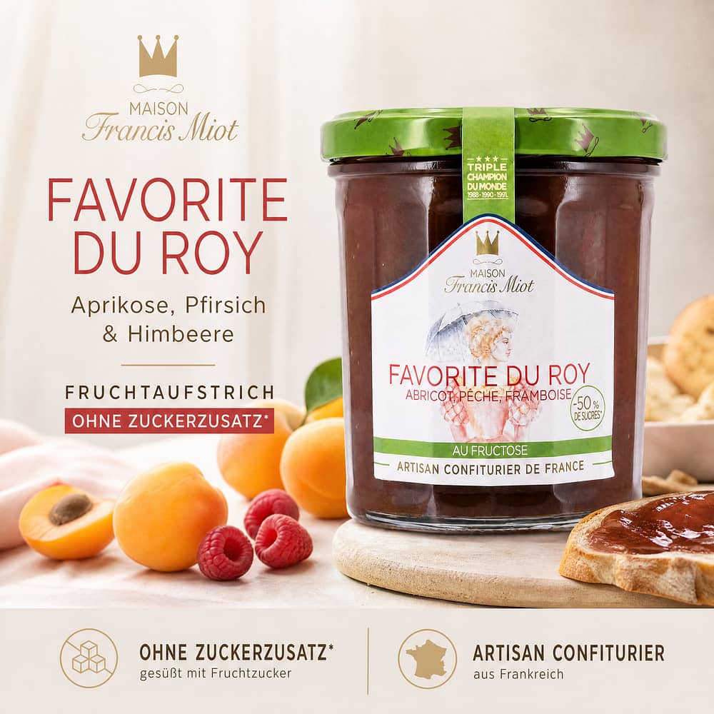 Maison Francis Miot Favorite Du Roy /Aprikose, Pfirsich & Himbeere Fruchtaufstrich ohne Zucker 320 Gramm Produktbild