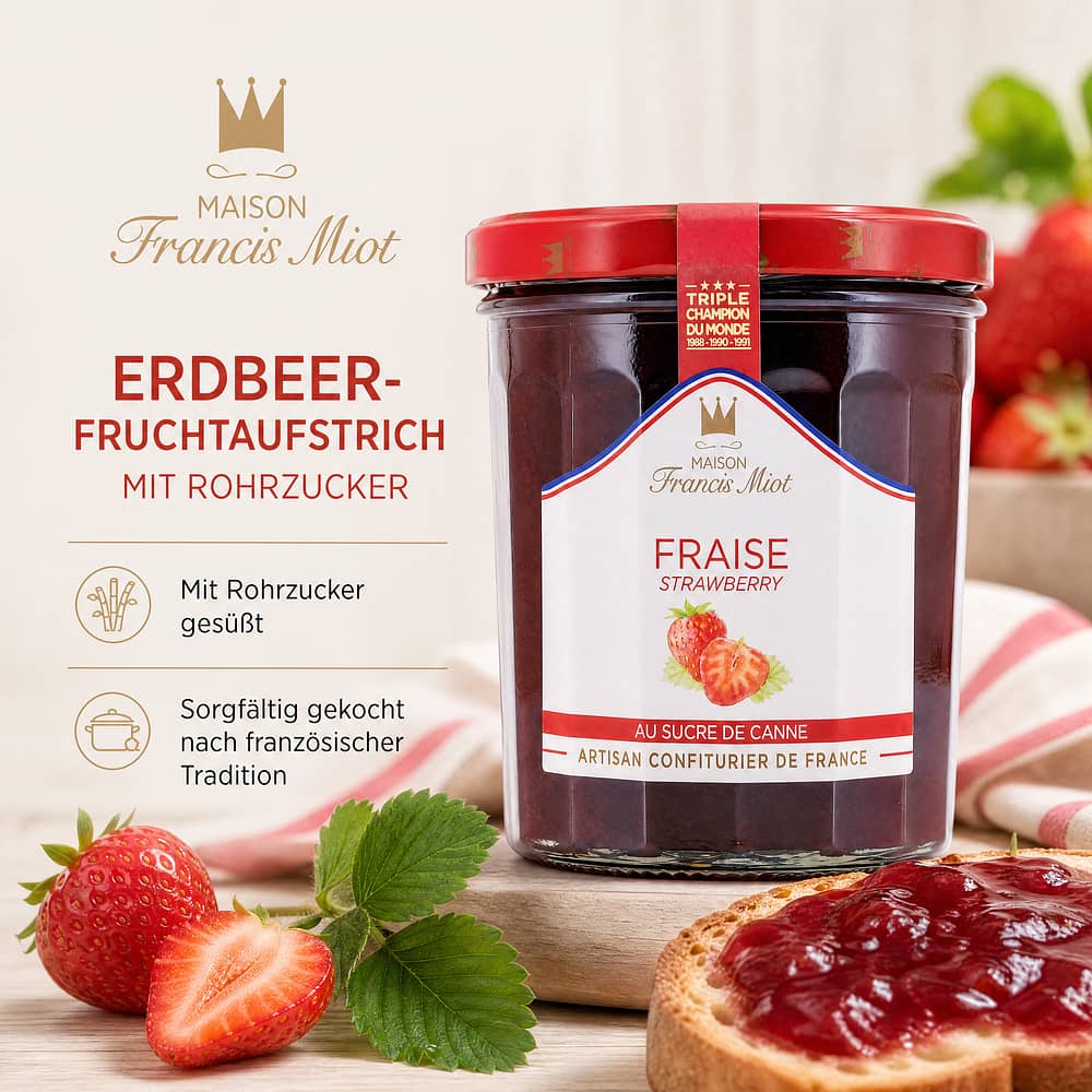 Maison Francis Miot Fraise Erdbeere Fruchtaufstrich mit Rohrzucker 340 Gramm Produktbild