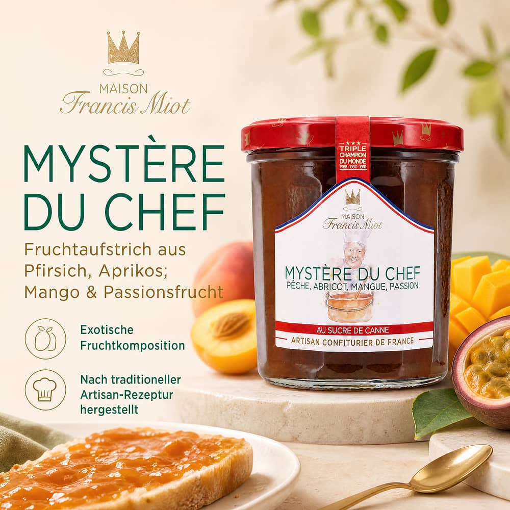 Maison Francis Miot Mystère du Chef Fruchtaufstrich aus Pfirsich, Aprikos; Mango & Passionsfrucht 340 Gramm Produktbild