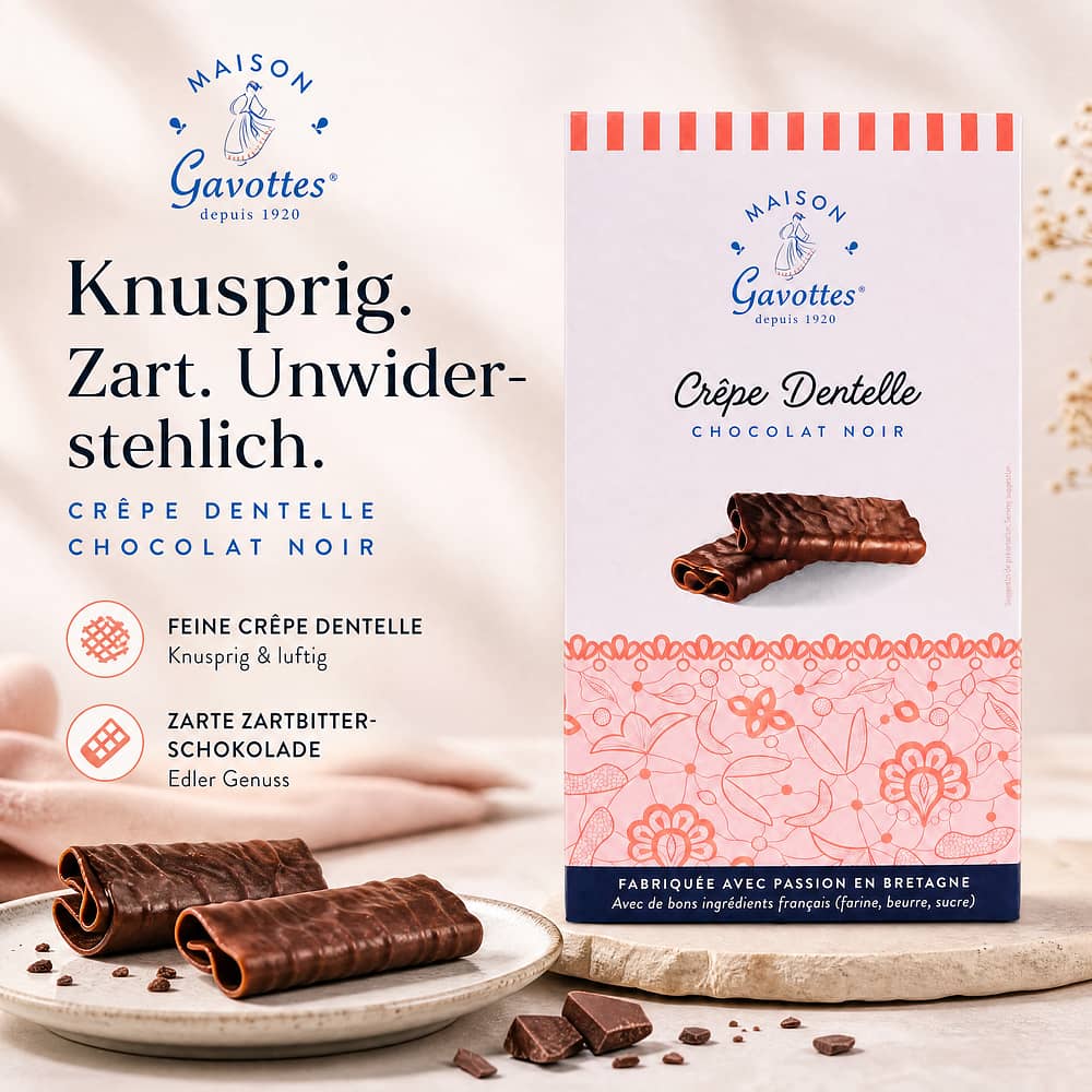 Maison Gavottes Crêpe Dentelle Chocolat Noir Knusper-Plätzchen mit Zartbitterschokolade 100 Gramm Produktbild
