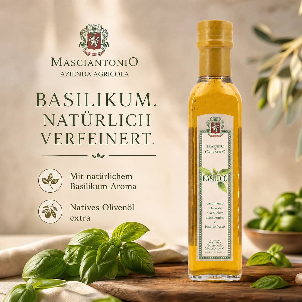 Masciantonio Olio Extra Vergine Al Basilico Olivenöl mit Aroma des Basilikums 0,250 Liter Produktbild