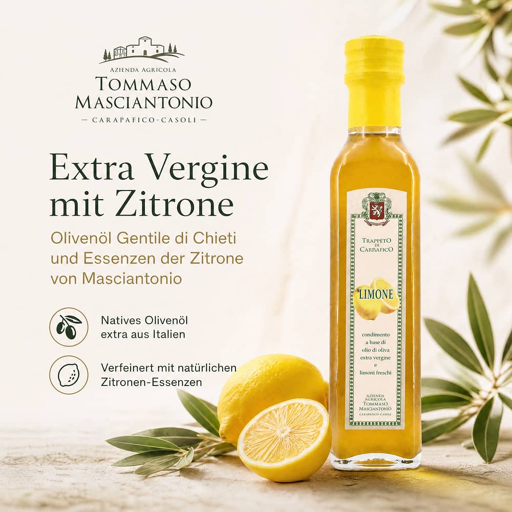Masciantonio Olio Extra Vergine al Limone Olivenöl Gentile di Chieti und Essenzen der Zitrone von Masciantonio 0,250 Liter Produktbild
