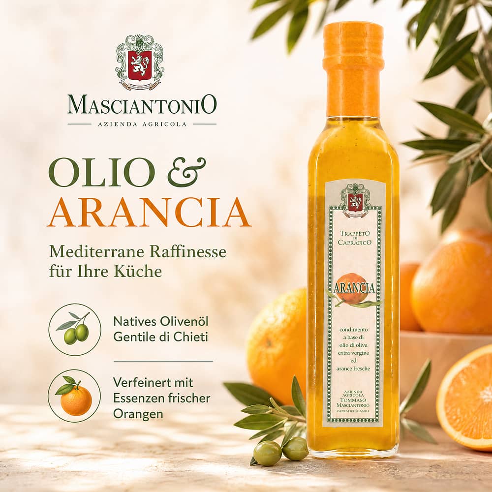 Masciantonio Olio Extra Vergine All Arancia Olivenöl Gentile di Chieti und Essenzen der Orange von Masciantonio 0,250 Liter Produktbild