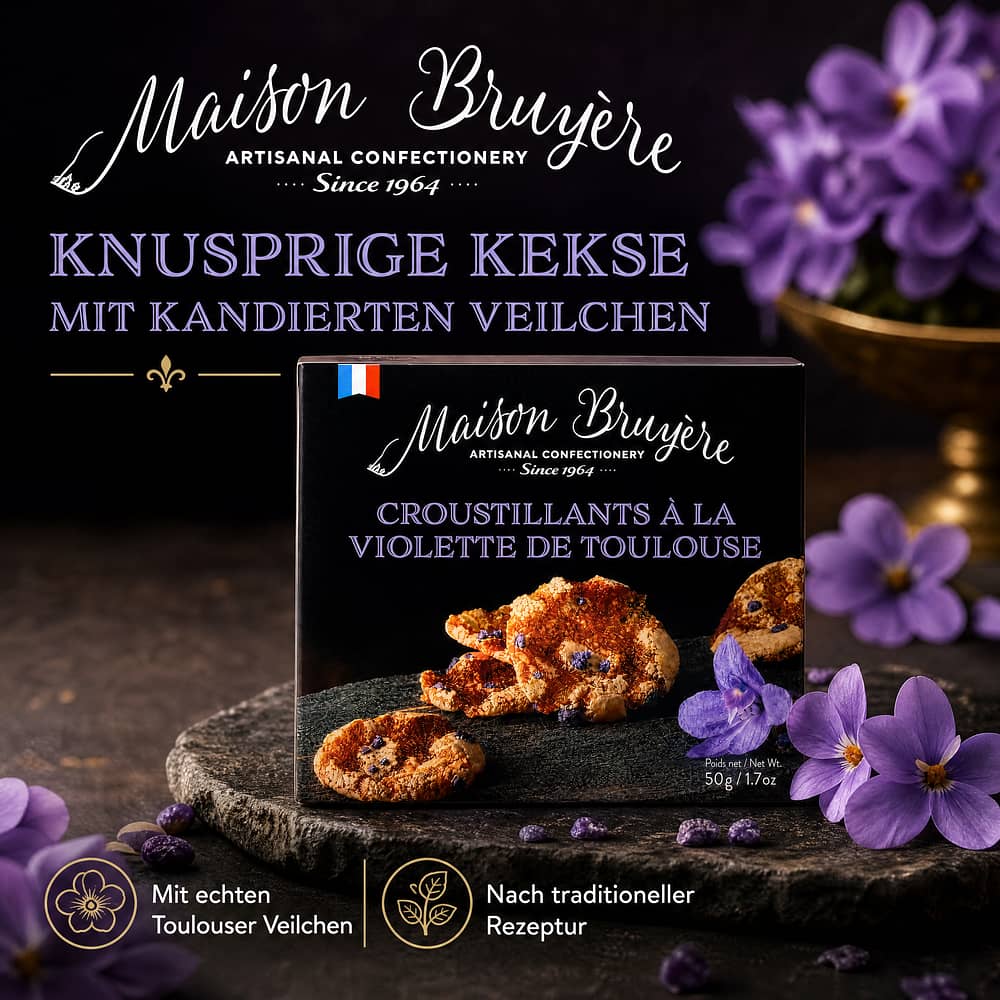 Maison Bruyère Croustillants À La Violette De Toulouse Knusprige Kekse mit kandierten Veilchen 50 Gramm Produktbild