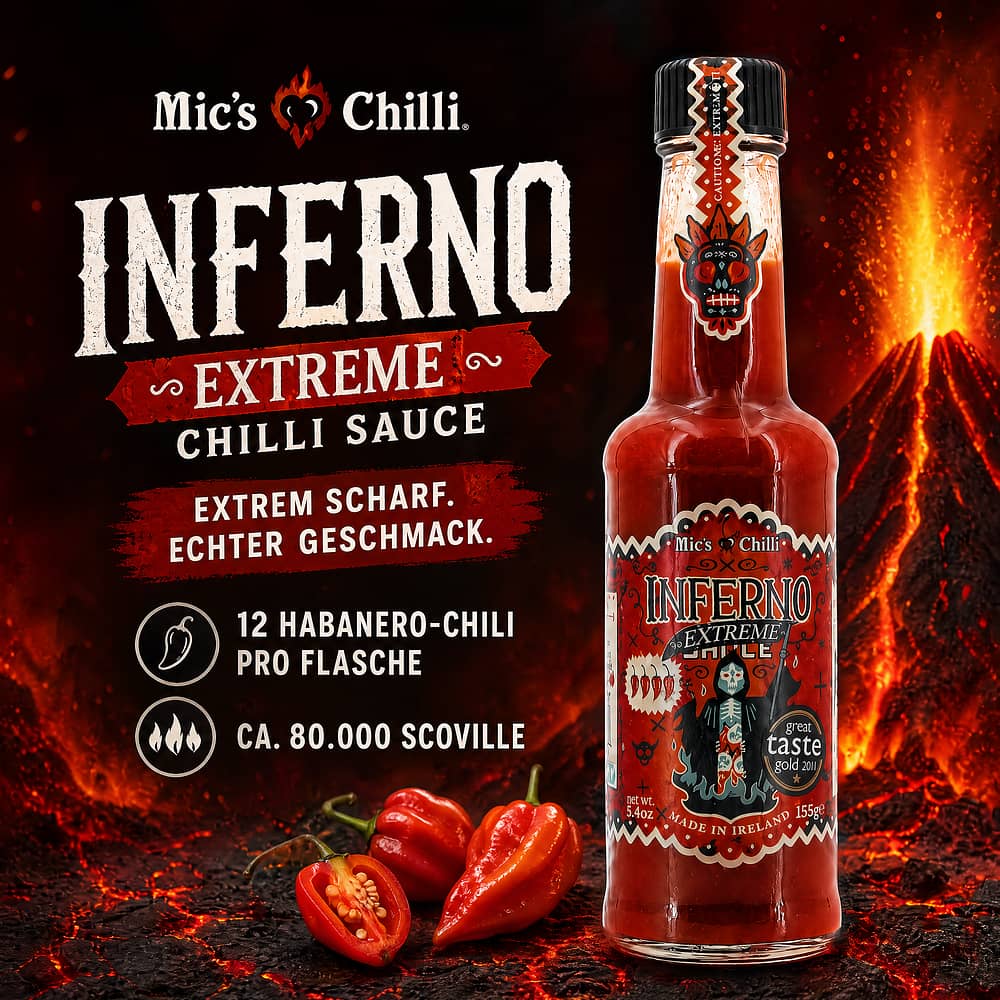 Mic's Chilli Inferno Extreme extrem scharfe Chili-Sauce 12 Habanero-Chili pro Flasche 80.000 Scoville 155 Gramm Produktbild