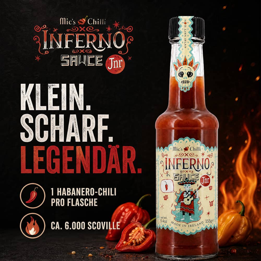 Mic's Chilli Inferno Junior scharfe Chili-Sauce 1 Habanero-Chili pro Flasche 6.000 Scoville 155 Gramm Produktbild
