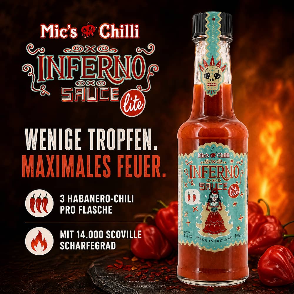 Mic's Chilli Inferno lite sehr scharfe Chili-Sauce 3 Habanero-Chili pro Flasche 14.000 Scoville 155 Gramm Produktbild
