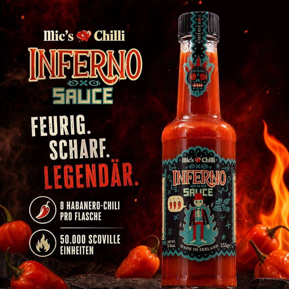 Mic's Chilli Inferno Original feurig-scharfe Chili-Sauce 8 Habanero-Chili pro Flasche 50.000 Scoville 155 Gramm Produktbild