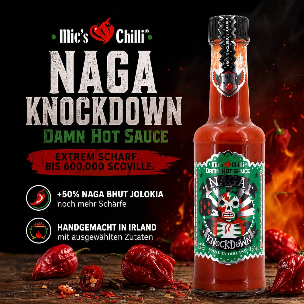 Mic's Chilli Naga Knockdown Damn Hot Sauce extrem scharfe Chili-Sauce 600.000 Scoville 155 Gramm Produktbild