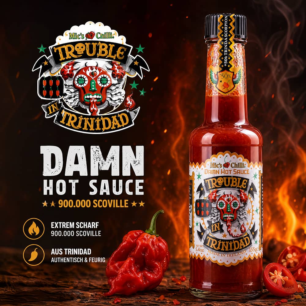 Mic's Chilli Trouble in Trinidad Damn Hot Sauce 900.000 Scoville 155 Gramm Produktbild
