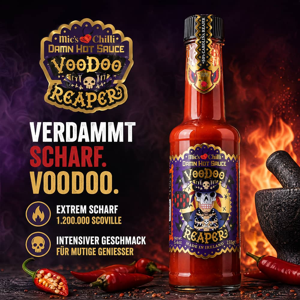 Mic's Chilli Voodoo Reaper Damn Hot Sauce extrem scharfe Chili-Sauce 1.200.000 Scoville 155 Gramm Produktbild