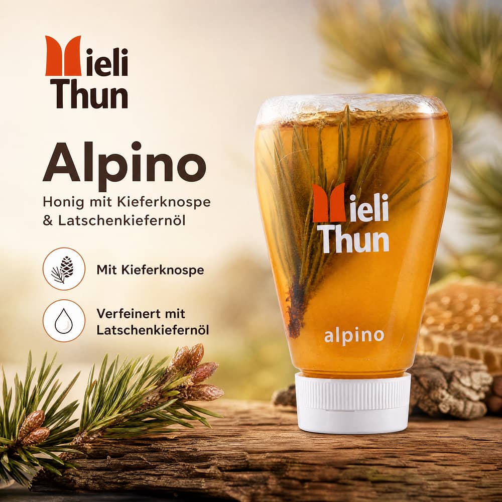 Mieli Thun Alpino Melange aus Akazienhonig und Latschenkieferöl mit Kieferknospe in Spenderflasche 240 Gramm Produktbild