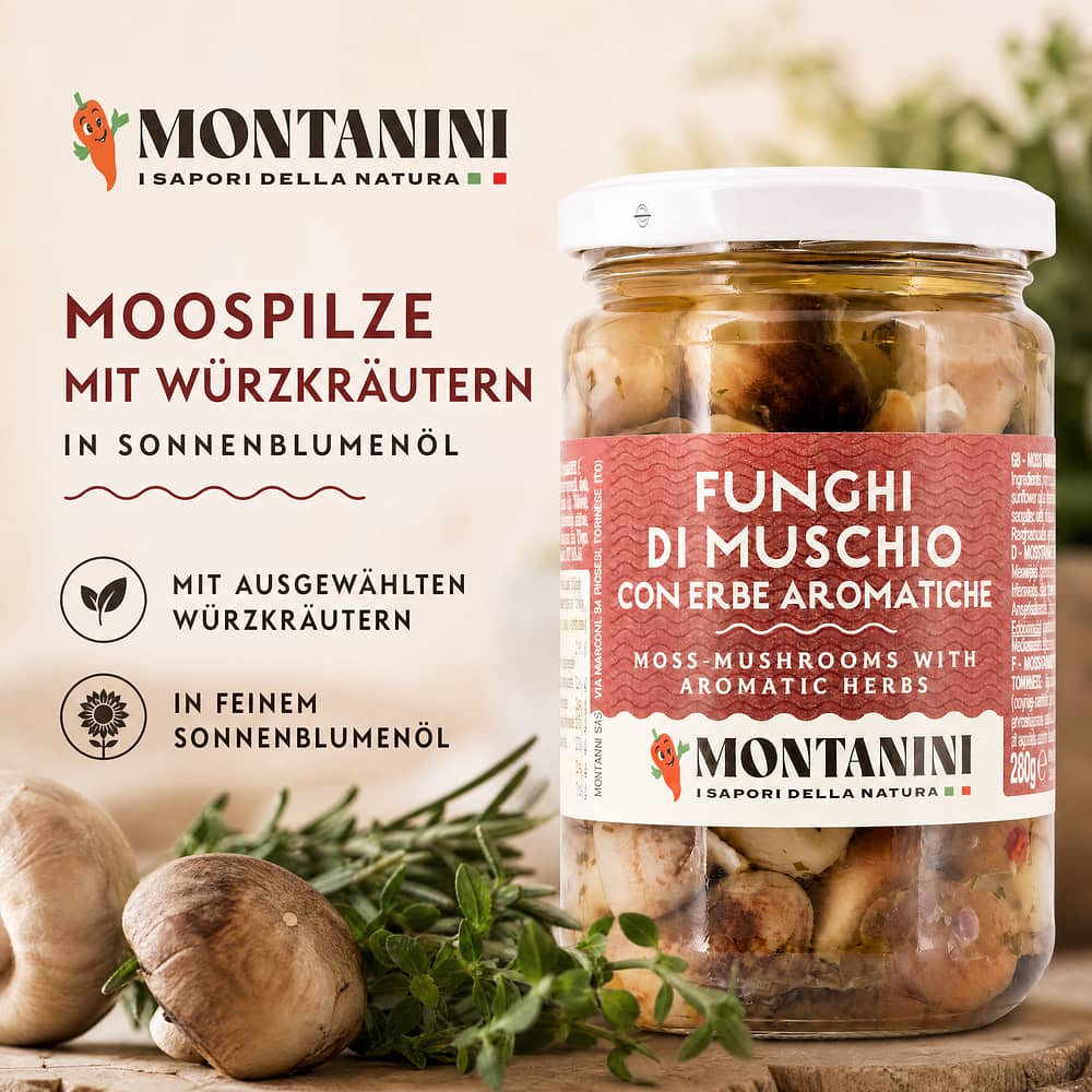 Montanini Funghi di muschio Moospilze mit Würzkräuter in Sonnenblumenöl 280 Gramm Produktbild