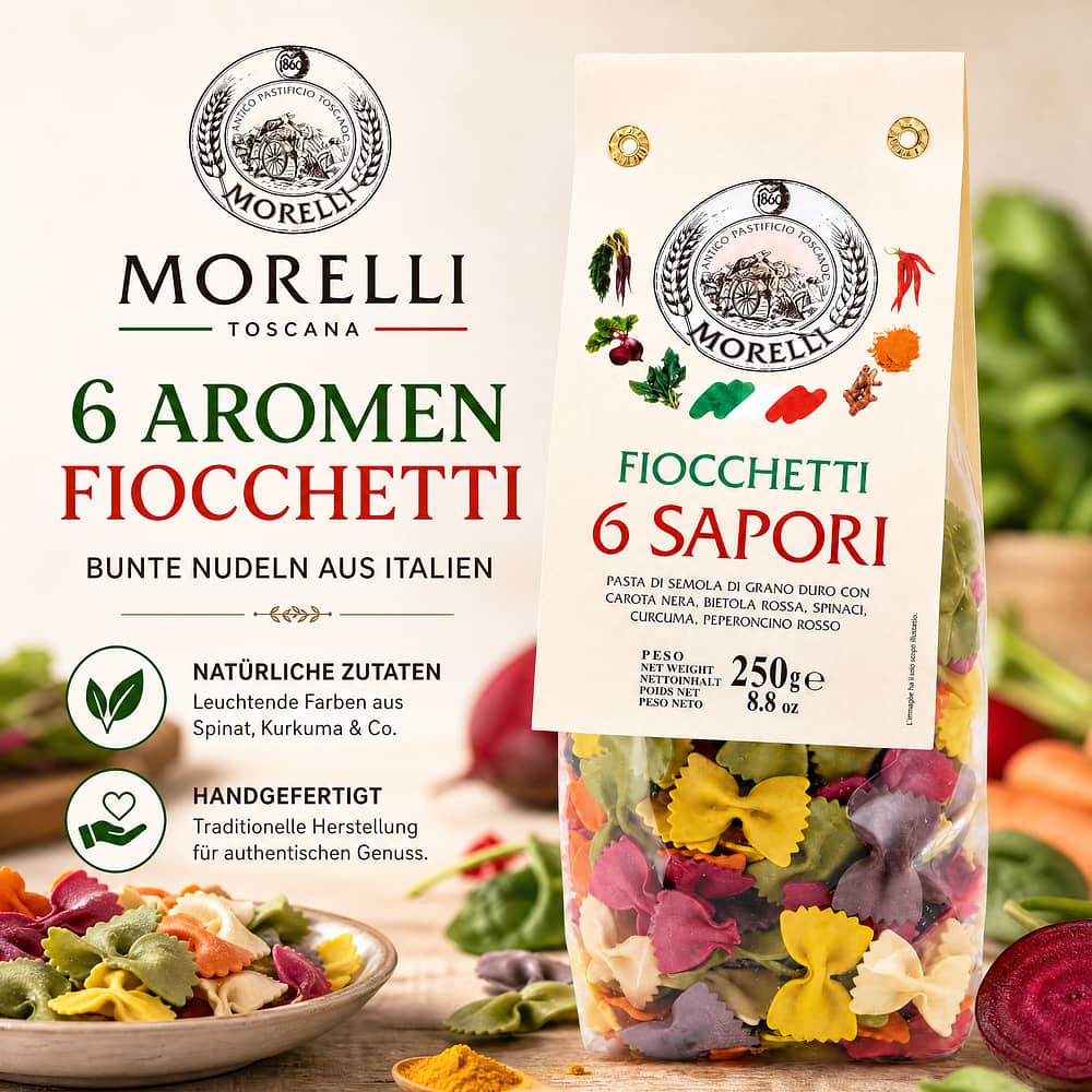 Morelli 6 Aromen Fiocchetti Bunte Nudeln 250 Gramm Produktbild