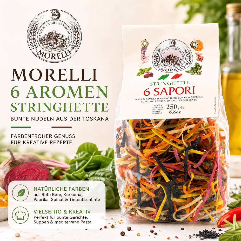 Morelli 6 Aromen Stringhette Bunte Nudeln 250 Gramm Produktbild
