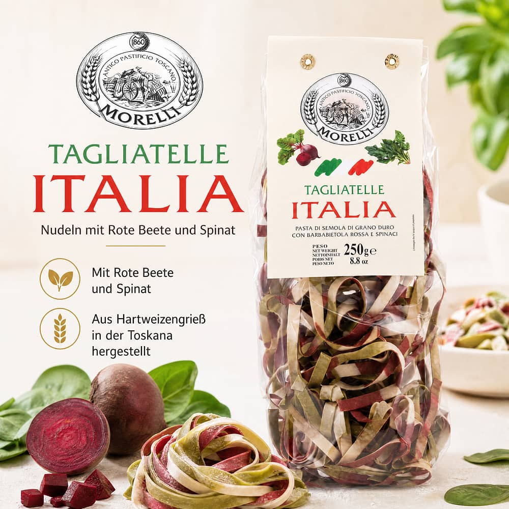 Morelli Tagliatelle Italia Nudeln mit Rote Beete und Spinat 250 Gramm Produktbild