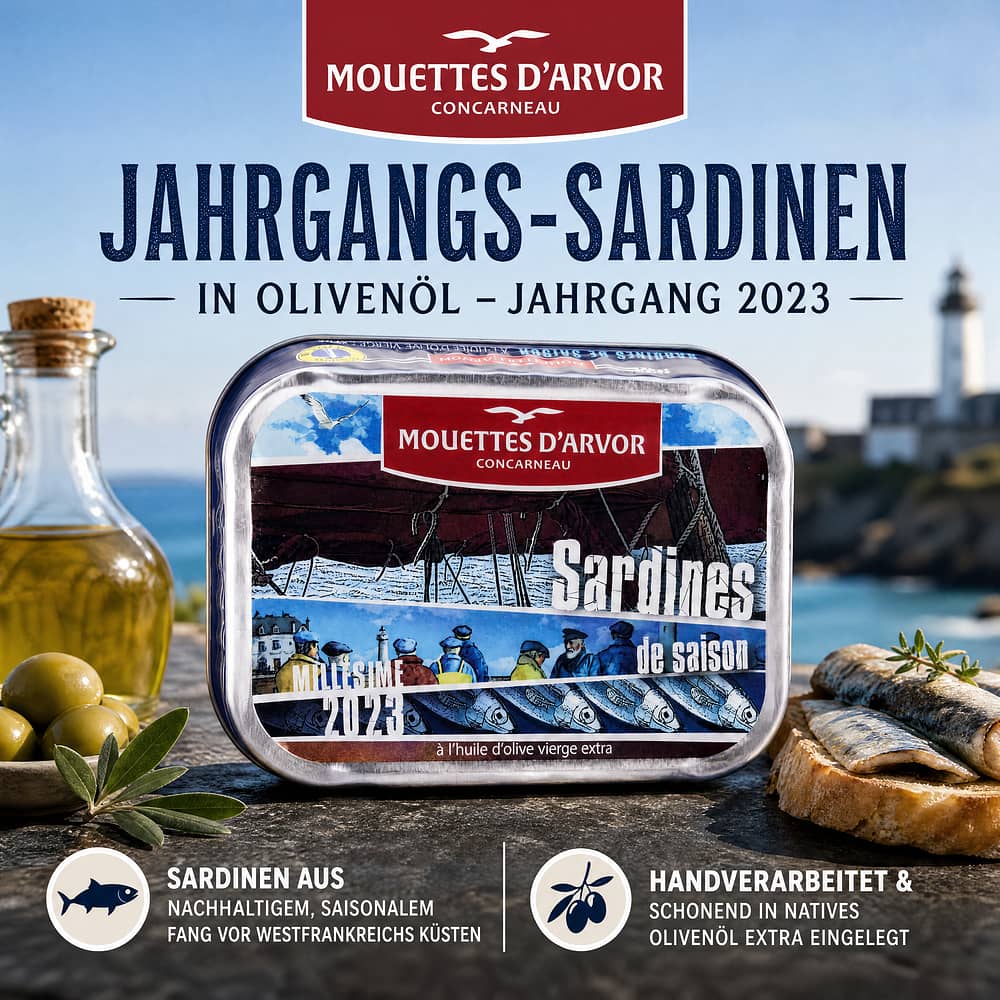 Mouettes d'Arvor Jahrgangs- Sardinen in Olivenöl Jahrgang 2023 115g 87 Gramm Abtropfgewicht Produktbild