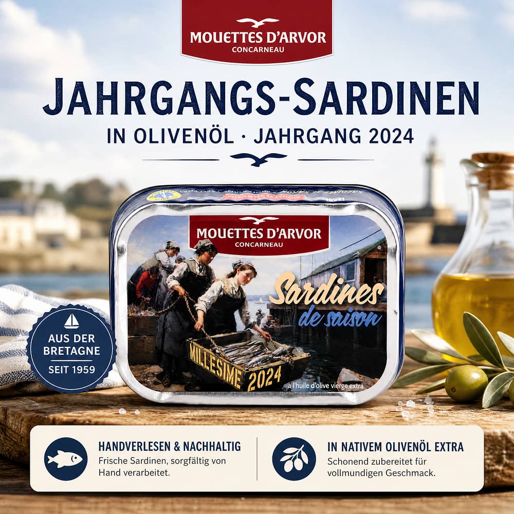 Mouettes d'Arvor Jahrgangs- Sardinen in Olivenöl Jahrgang 2024 115g 87 Gramm Abtropfgewicht Produktbild