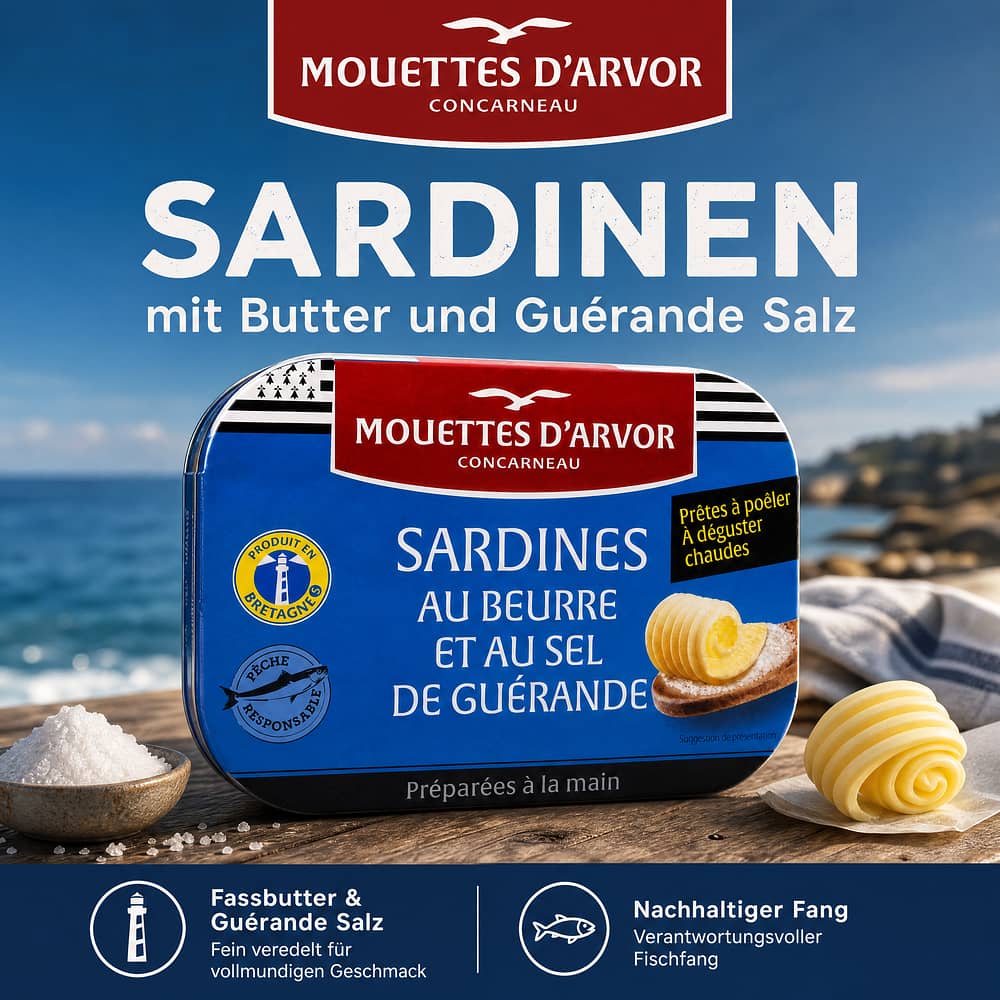 Mouettes d'Arvor Sardinen mit Butter und Guérande Salz 115 Gramm Produktbild