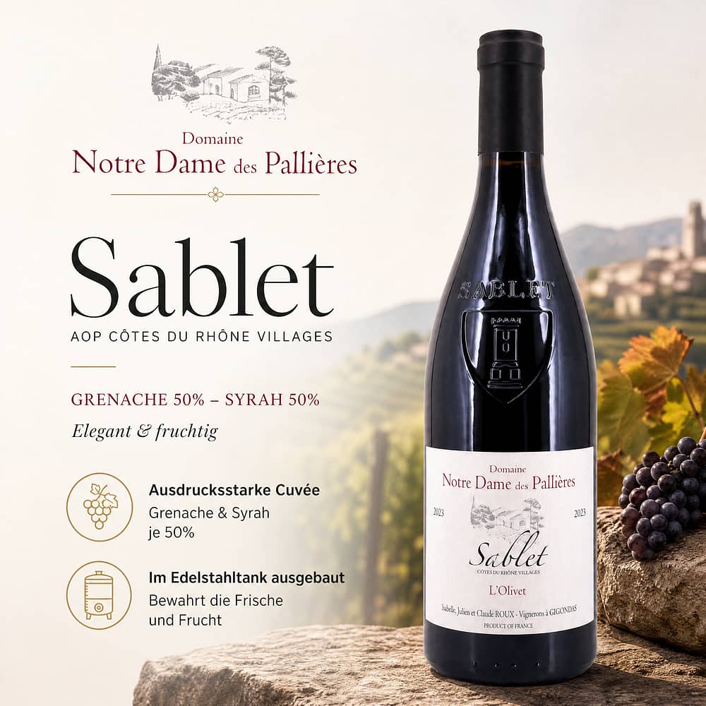 Notre Dame des Pallières AOP Côtes du Rhône Villages Sablet Grenache 50% - Syrah 50% 0,750 Liter/ 14.0% vol Produktbild