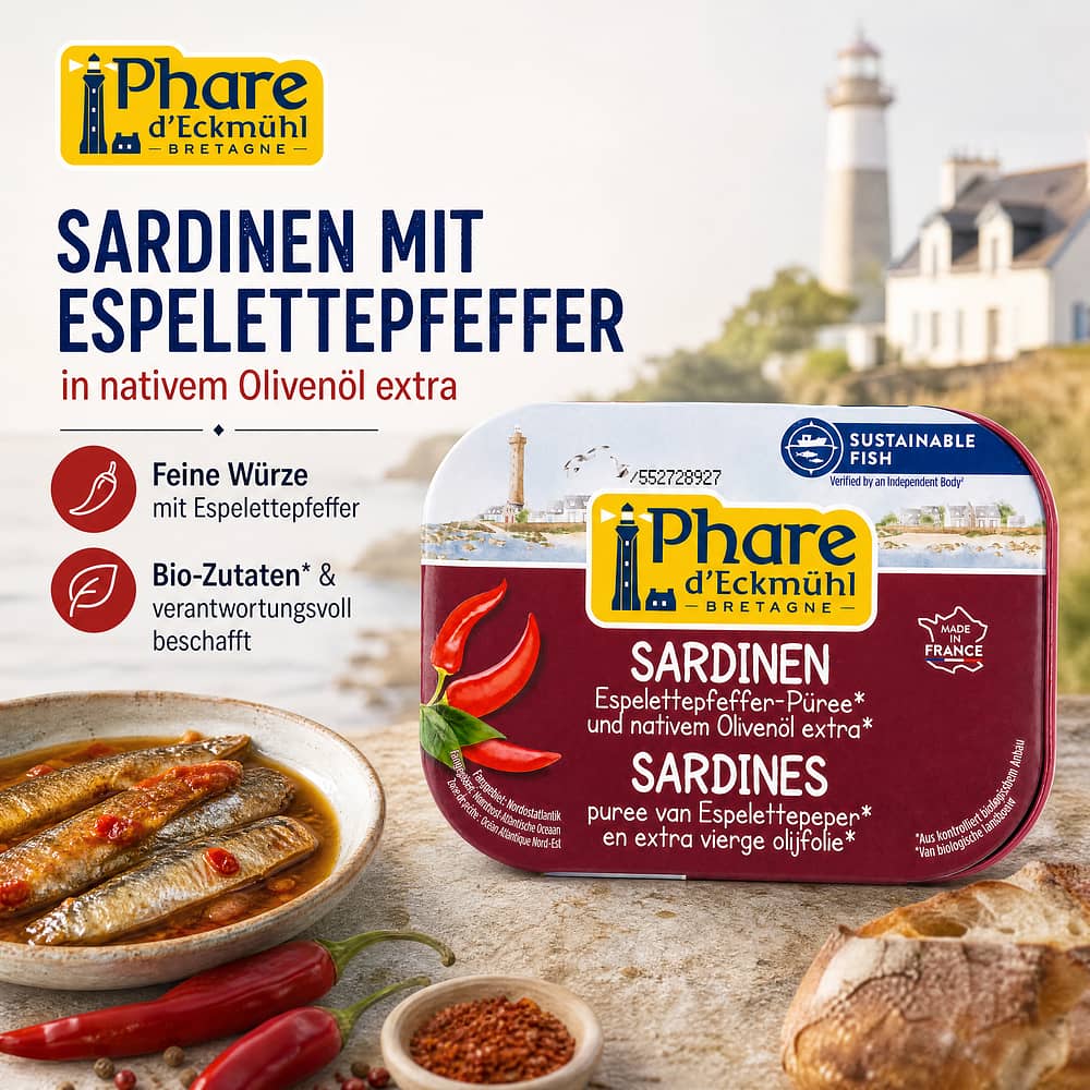 Phare d'Eckmühl Sardinen in Olivenöl* extra mit Espelettepfeffer* 135g 102 Gramm Abtropfgewicht Produktbild