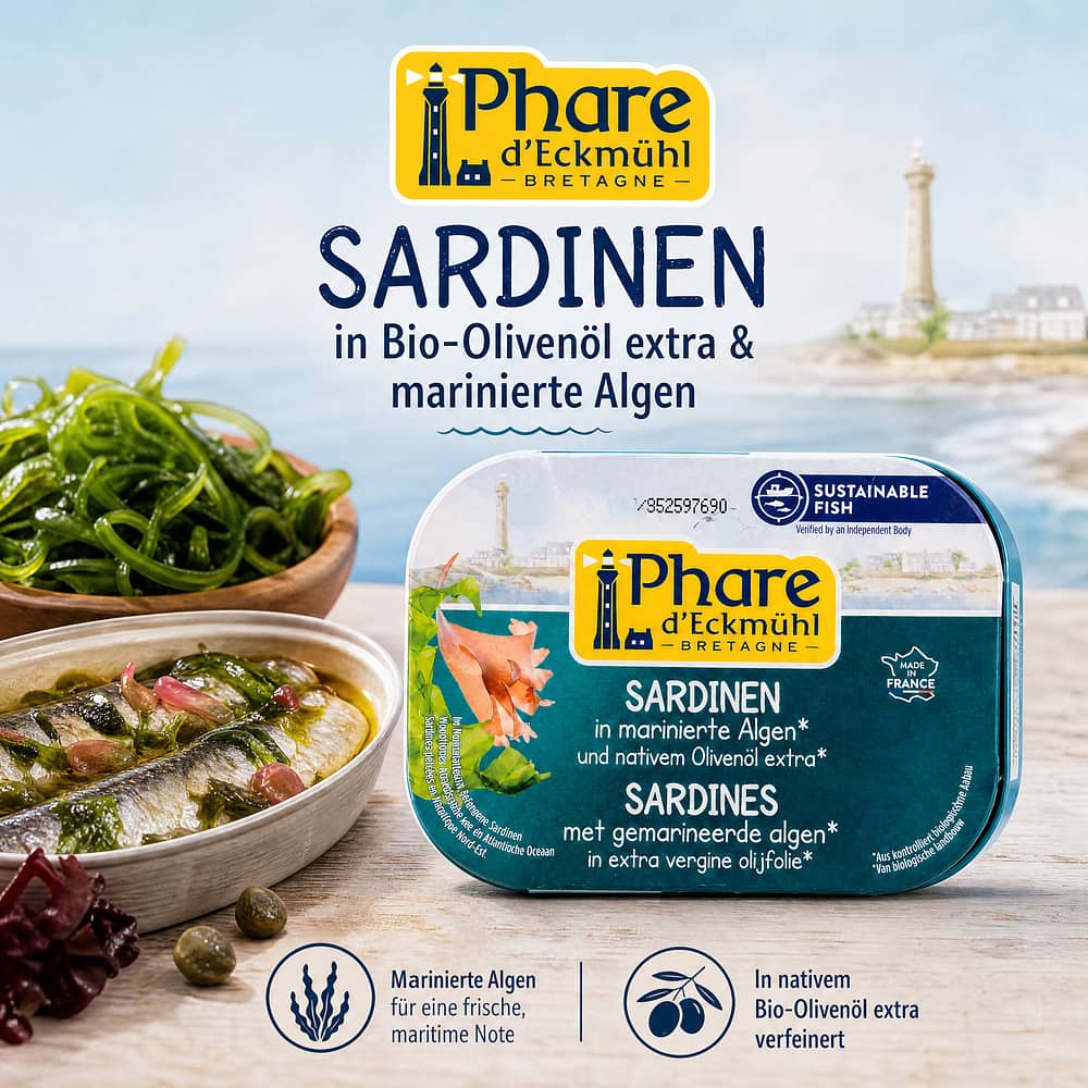 Phare d'Eckmühl Sardinen in Bio-Olivenöl extra & marinierte Algen 135g 102 Gramm Abtropfgewicht Produktbild