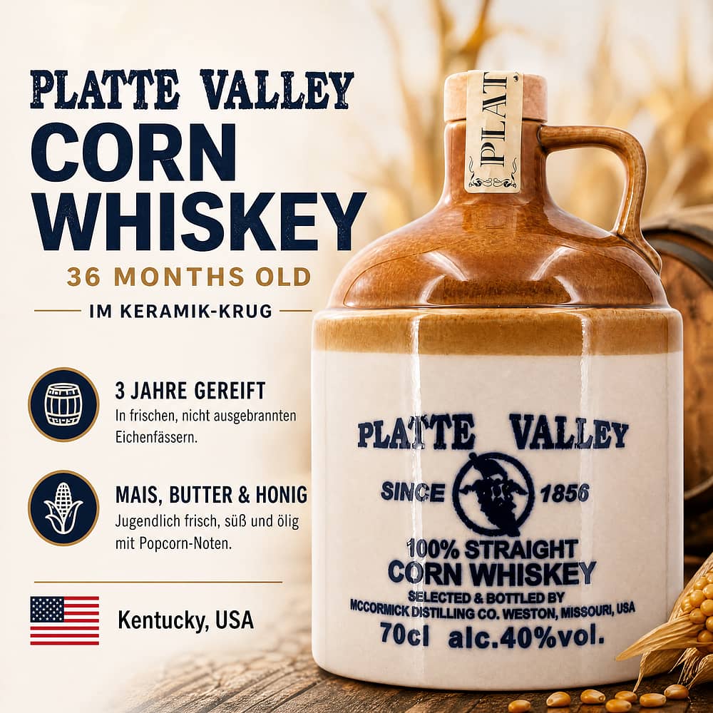 Platte Valley Corn Whiskey 36 Months old im Keramik-Krug 0,70 Liter/ 40.0% vol Produktbild
