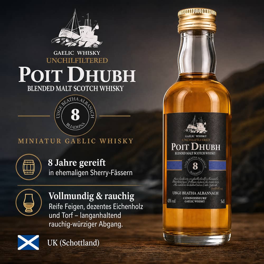 Poit Dhubh 8 Jahre Miniatur Gaelic Whisky 0,050 Liter/ 43.0% vol Produktbild